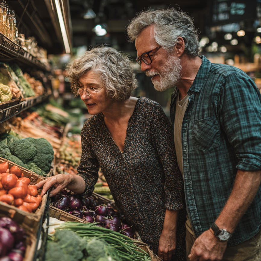 Здорові літні люди з продуктами